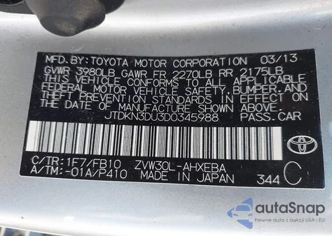 2013 Toyota Prius Two из США, поврежденный, VIN JTDKN3DU3D0345988